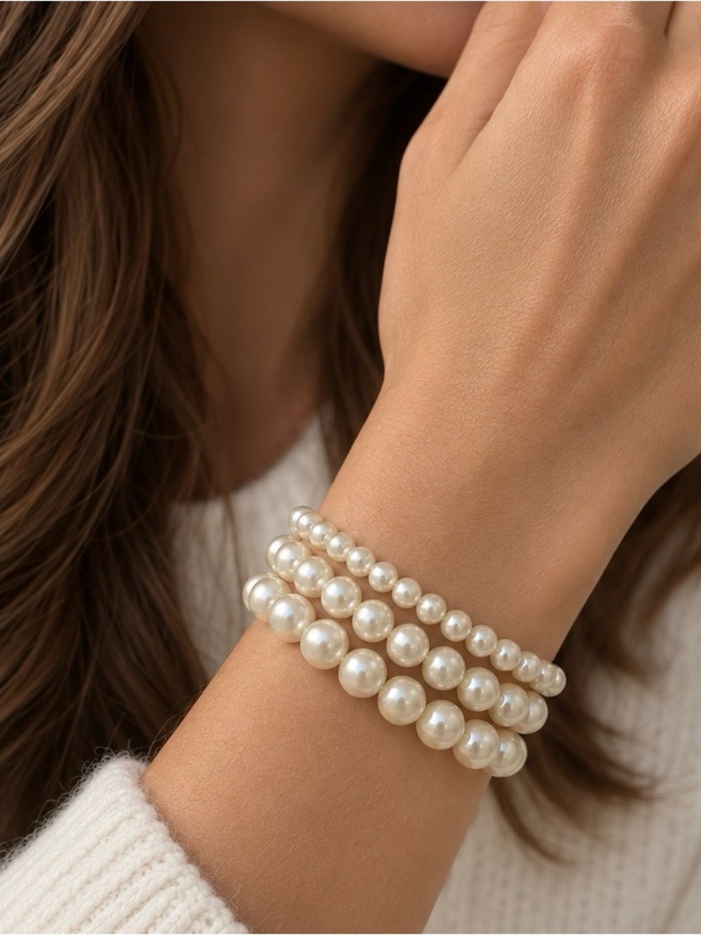 Set of 3 Graduated Faux Pearl Stretch Bracelets Ivory Cream Classic Stack